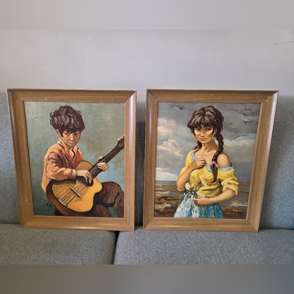 Marcel  Dyf Gypsy Girl & Boy Vtg Kitch TRETCHIKOFF LYNCH Era Framed MCM Boho